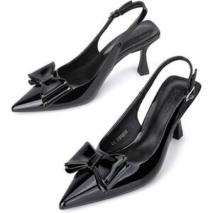 🆕Women's Black Faux Leather Pointed Toe Slingback Kitten Heels Bow Knot Sandals